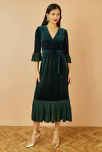 Load image into Gallery viewer, Velvet Wrap Midi Dress With Contrast Hemline Green
