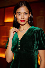 Load image into Gallery viewer, Green Velvet Skater Dress With Diamante Bow Detail - Green
