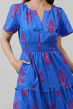 Load image into Gallery viewer, Shayna Floral Palmer Poplin Tiered Maxi Dress Blue/Pink

