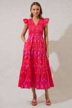 Load image into Gallery viewer, Blevin Ikat Sunfire Smocked Bodice Tiered Midi Dress Red/Pink
