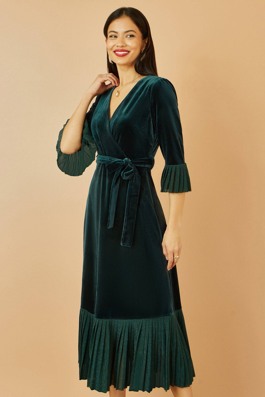 Velvet Wrap Midi Dress With Contrast Hemline Green