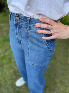 Gloria Patch Pocket Stretch Wide Leg Denim 70s Blue