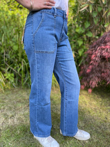 Gloria Patch Pocket Stretch Wide Leg Denim 70s Blue