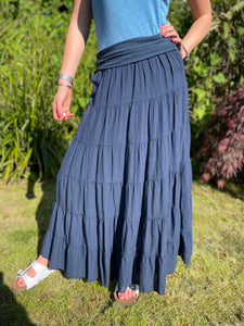 Carly Cotton Tiered Maxi Skirt Navy