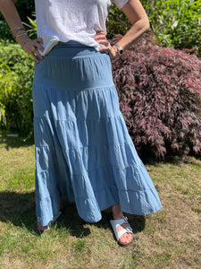 Carly Cotton Tiered Maxi Skirt Dusty Blue