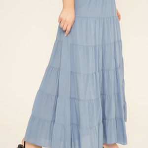 Carly Cotton Tiered Maxi Skirt Dusty Blue