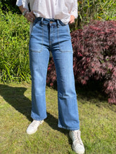 Load image into Gallery viewer, Gloria Patch Pocket Stretch Wide Leg Denim 70s Blue
