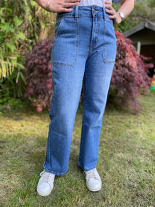 Gloria Patch Pocket Stretch Wide Leg Denim 70s Blue