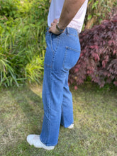 Load image into Gallery viewer, Gloria Patch Pocket Stretch Wide Leg Denim 70s Blue
