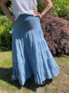 Carly Cotton Tiered Maxi Skirt Dusty Blue