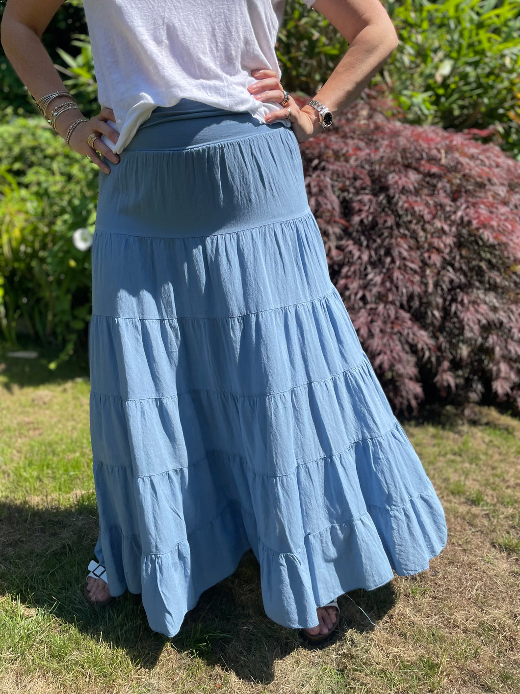 Carly Cotton Tiered Maxi Skirt Dusty Blue