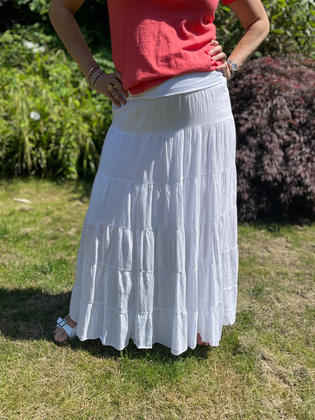 Carly Cotton Tiered Maxi Skirt White