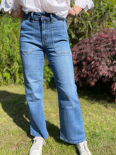 Load image into Gallery viewer, Gloria Patch Pocket Stretch Wide Leg Denim 70s Blue
