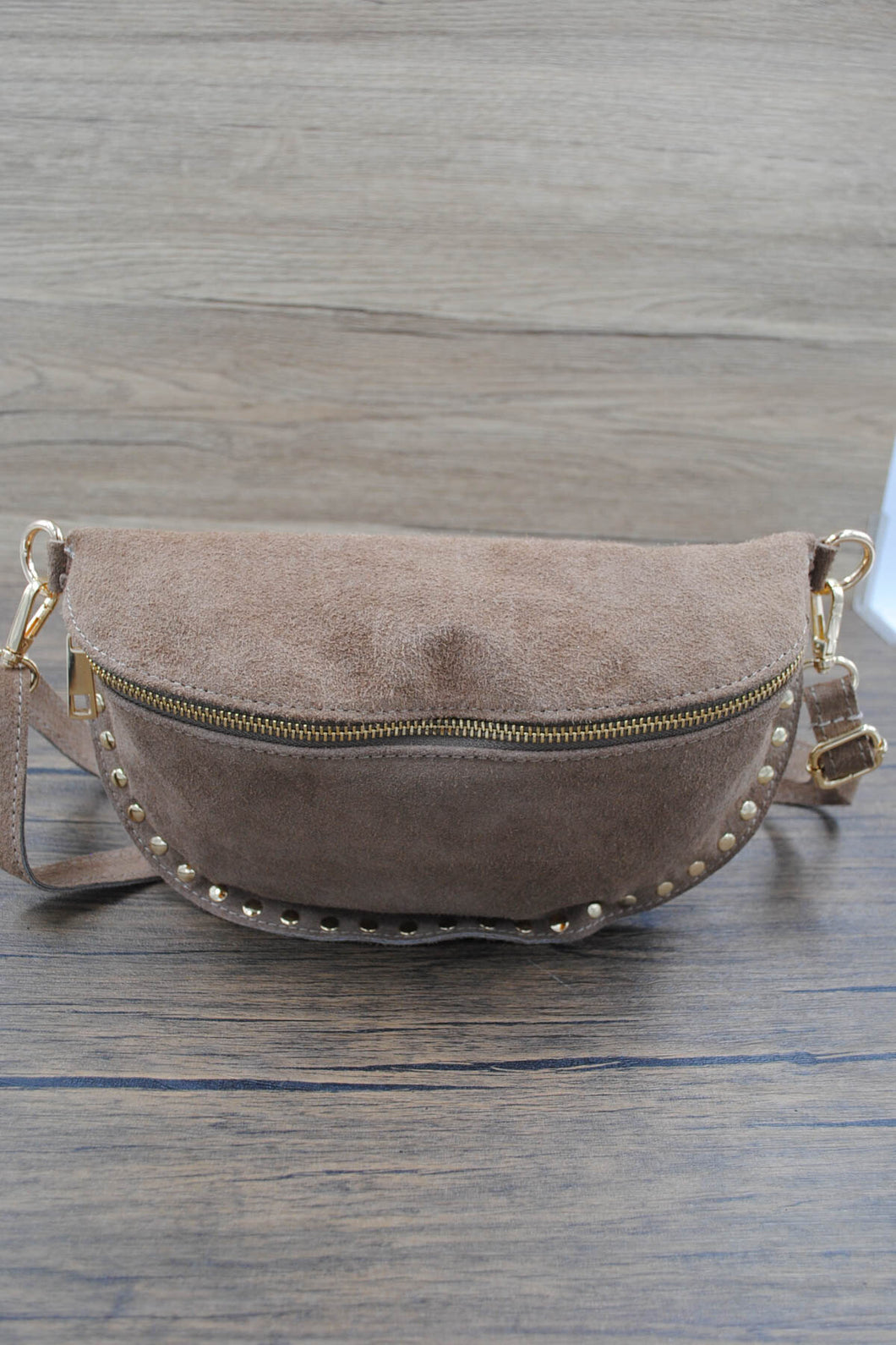 Suede Studded Sling Bag Taupe